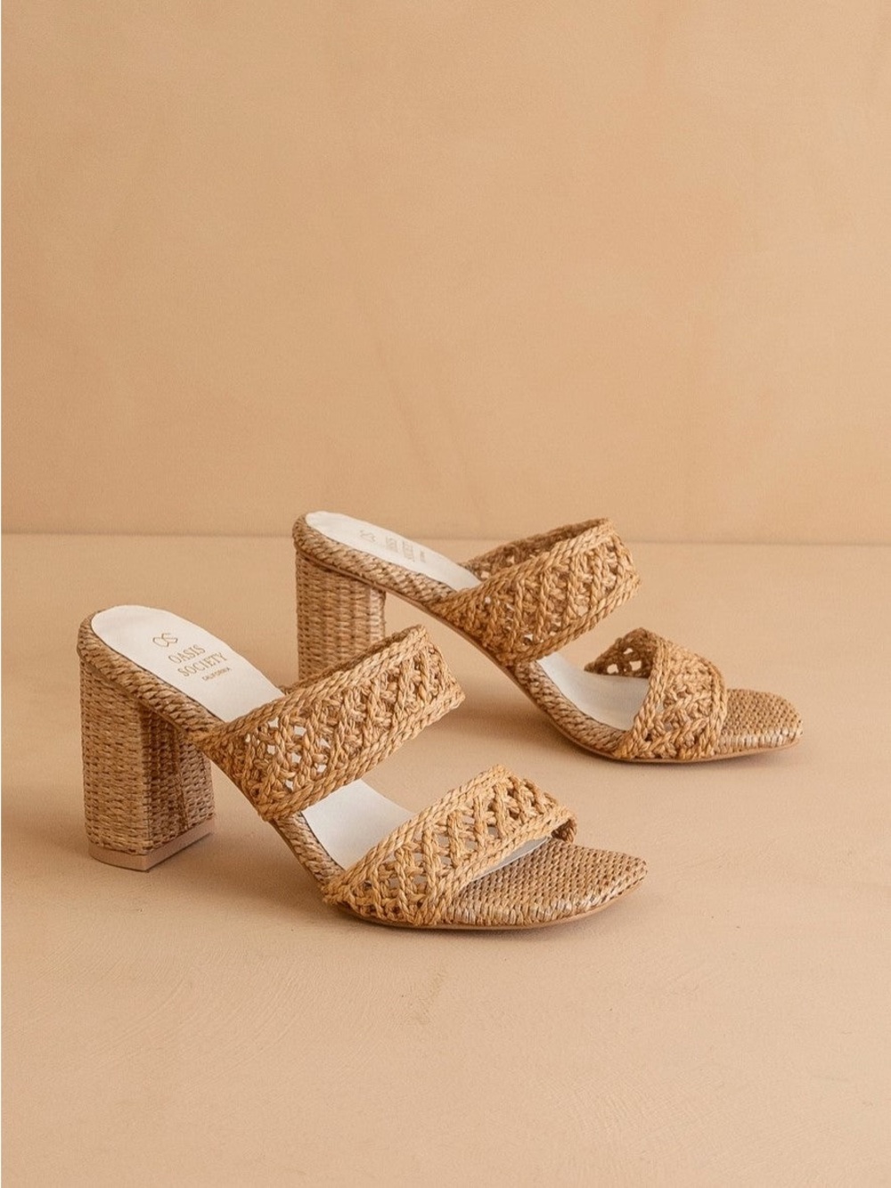 Woven Straw Block Heel Slide Sandals - Natural